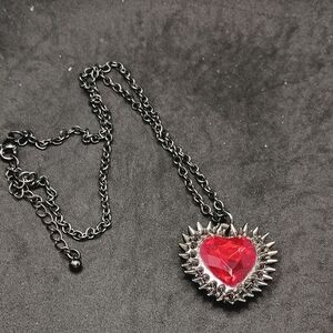 Hot Topic Silver Heart Necklace with Red Gemstone